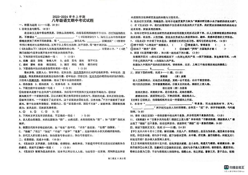山东省德州市宁津县育新中学+刘营伍中学2023—2024学年八年级上学期11月期中语文试题01