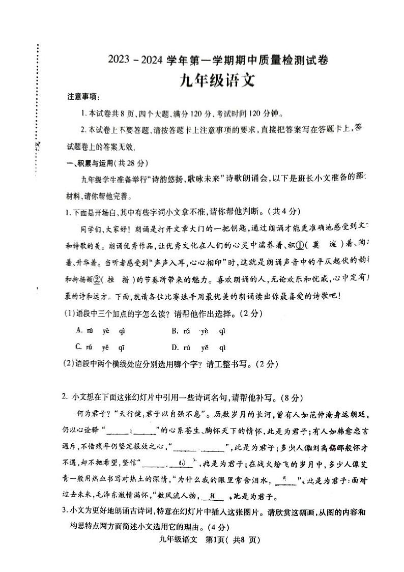 河南省平顶山市叶县2023-2024学年九年级上学期11月期中考试语文试题01