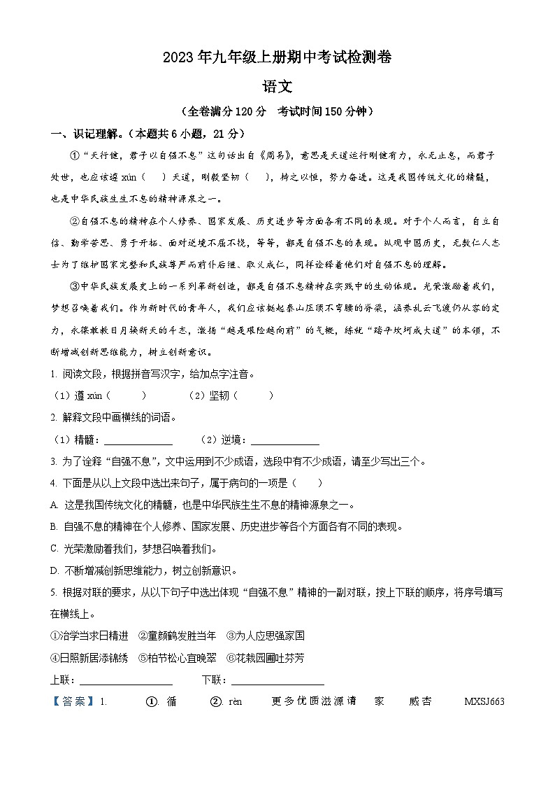 广西壮族自治区防城港市防城区2023-2024学年九年级上学期期中语文试题（解析版）01