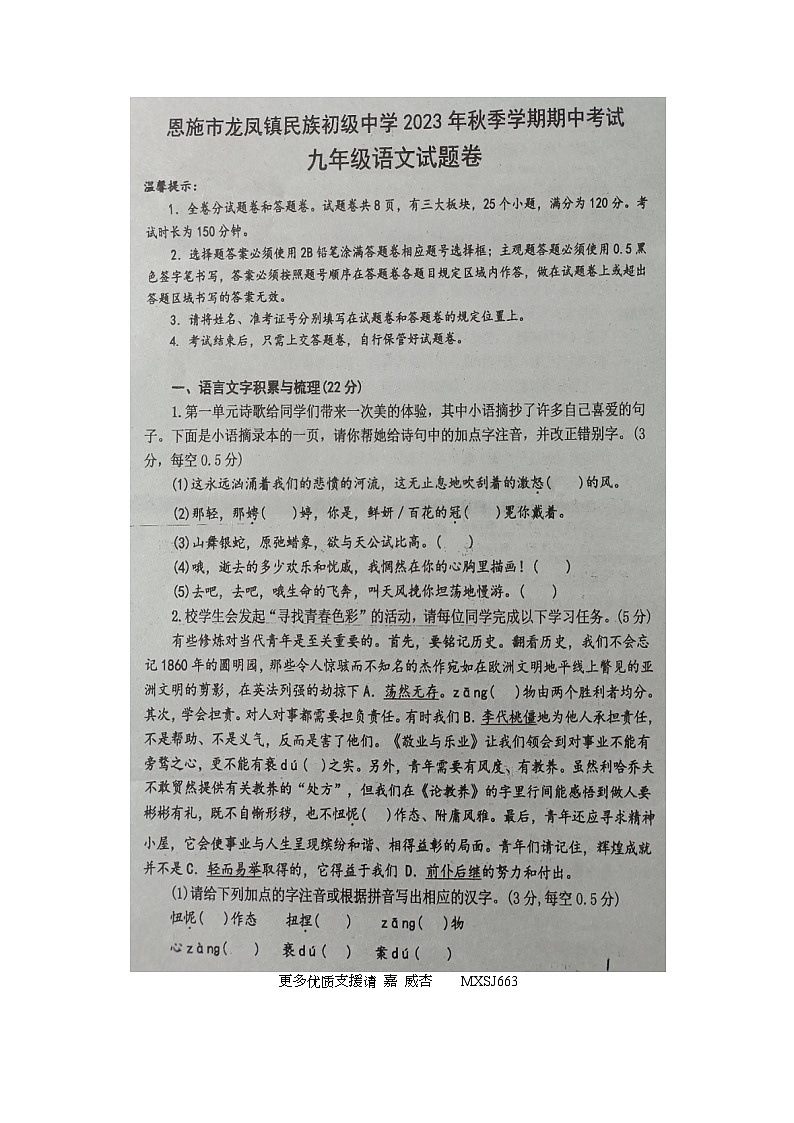 湖北省恩施市龙凤镇民族初级中学2023-2024学年九年级上学期期中考试语文试题第1页
