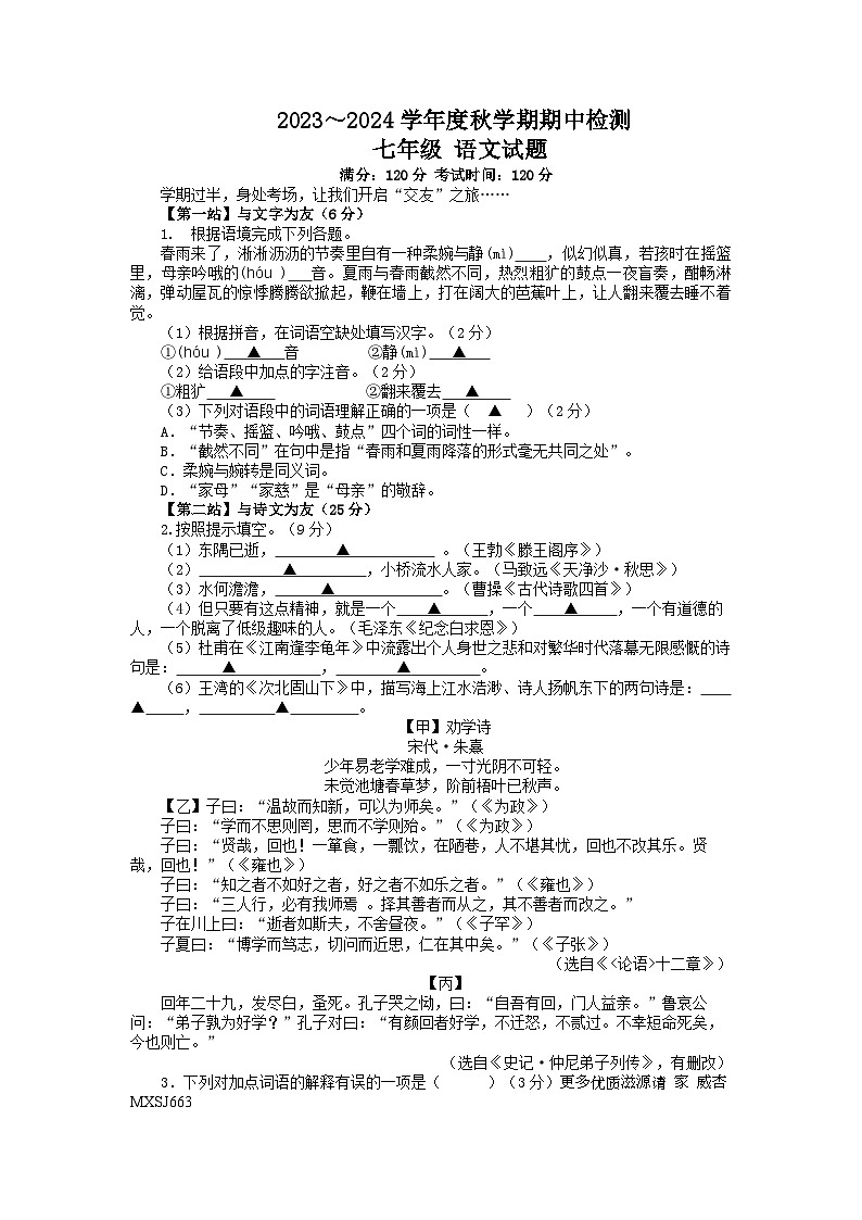 江苏省盐城市东台市第五教育联盟2023-2024学年七年级上学期11月期中考试语文试题01