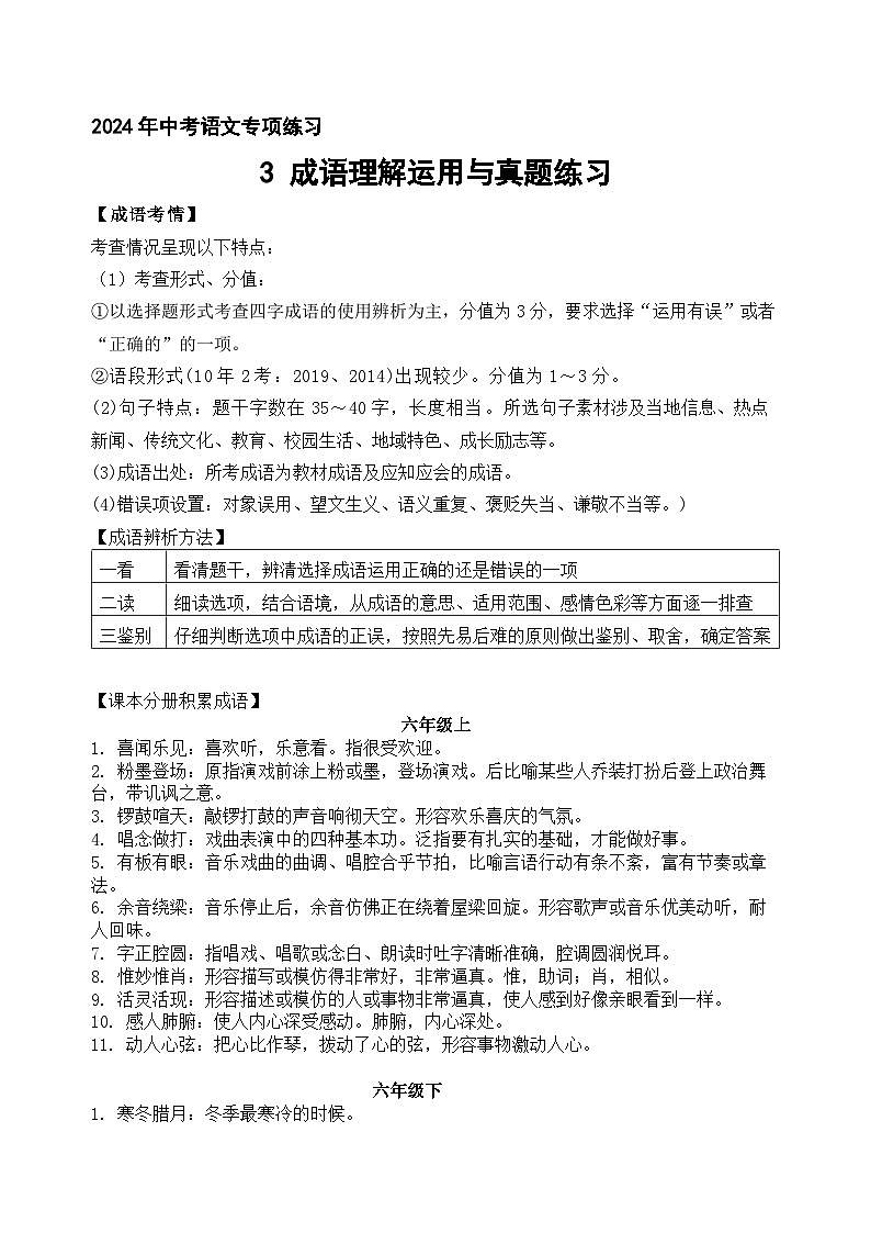 03、成语理解运用与真题训练（带答案）2024年中考专项复习第1页