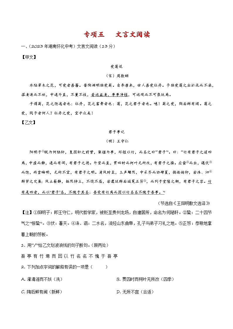 专项五 文言文阅读-备战2024年中考语文古诗文高频考点专项训练（全国通用）01