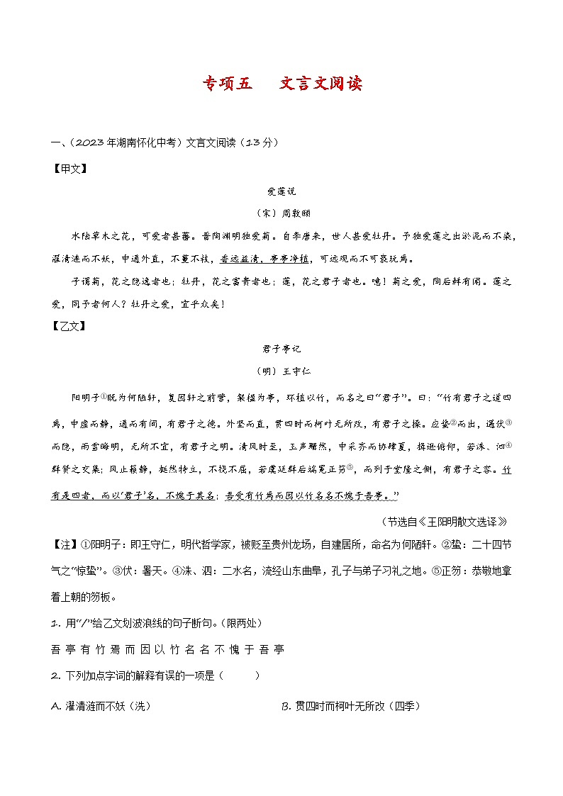 专项五 文言文阅读-备战2024年中考语文古诗文高频考点专项训练（全国通用）01