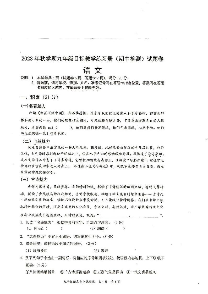 广西壮族自治区梧州市苍梧县2023-2024学年九年级上学期11月期中语文试题01