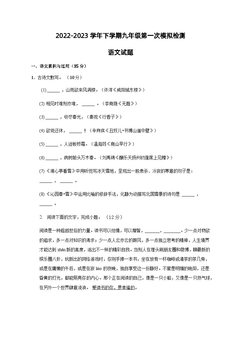 2023年安徽省滁州市定远县第五中学中考一模语文试题01