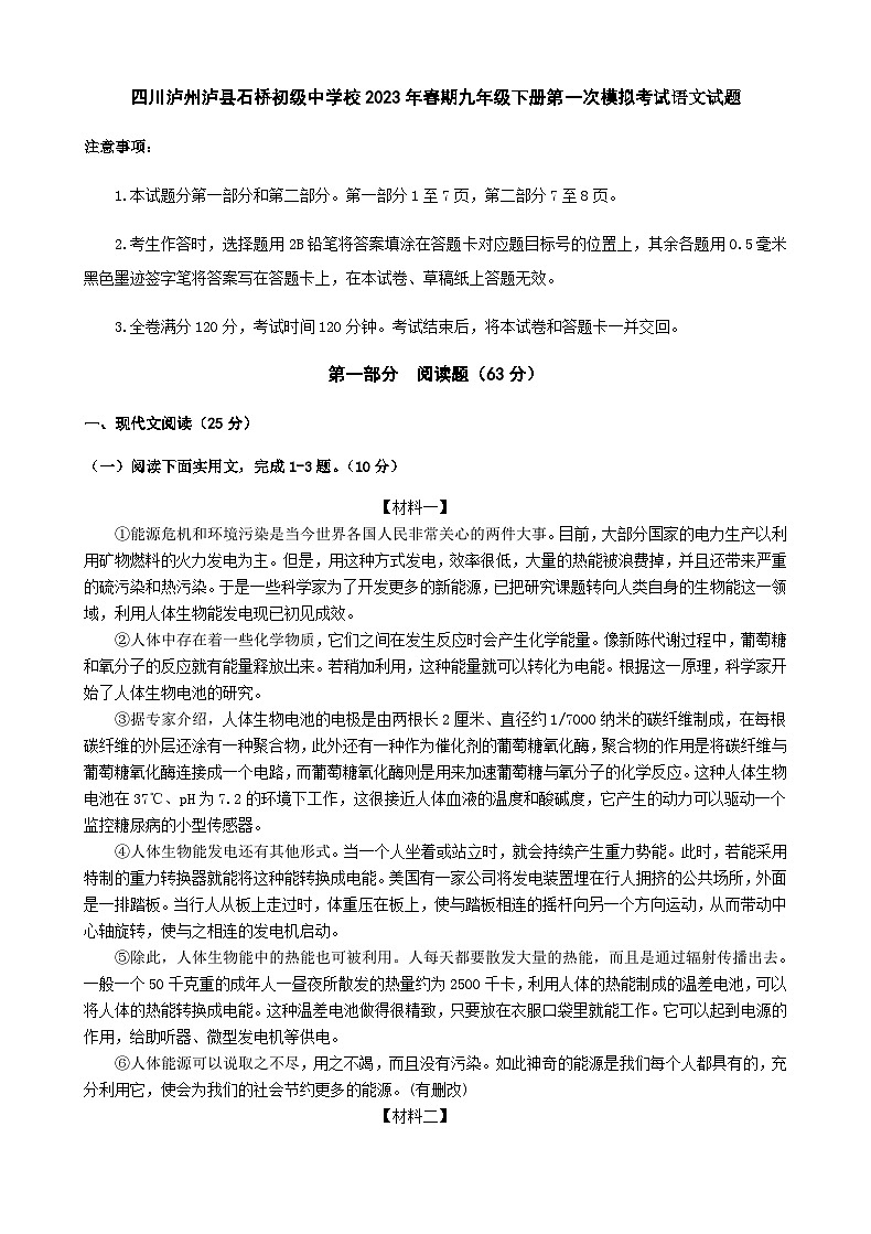 四川泸州泸县石桥初级中学校2022-2023学年九年级下学期第一次模拟考试语文试题01
