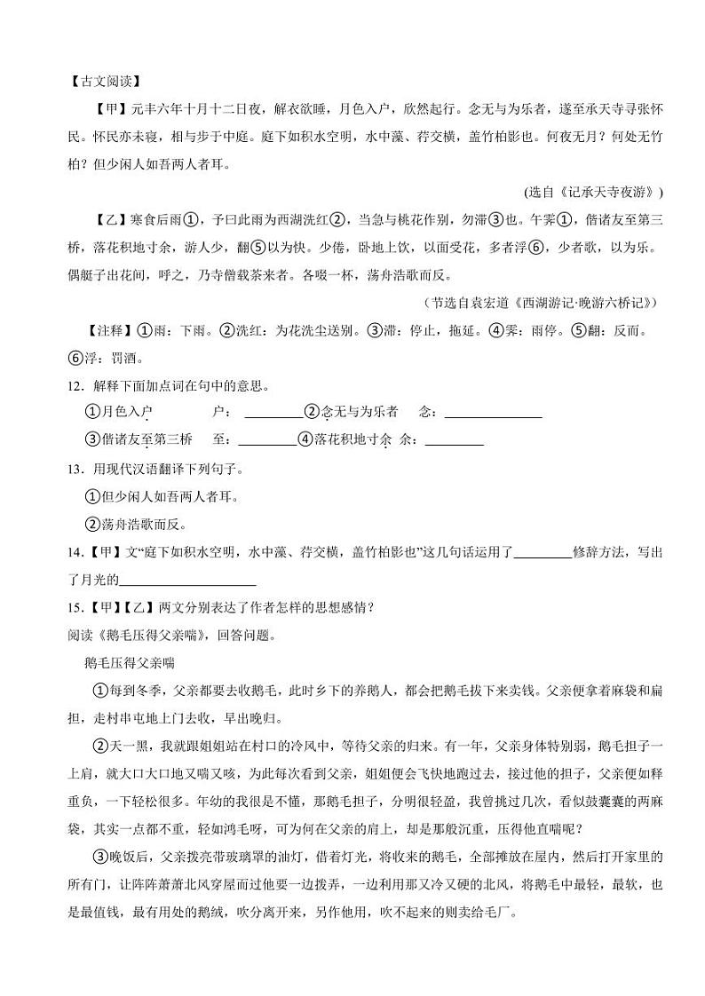黑龙江省七台河市八年级上学期语文期末考试试卷（附参考答案）第3页