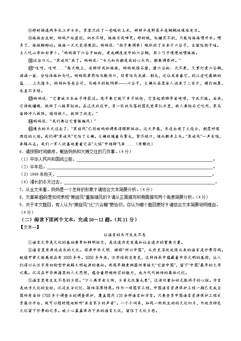 河南省汝阳县2023-2024学年九年级上学期期中语文试题第3页