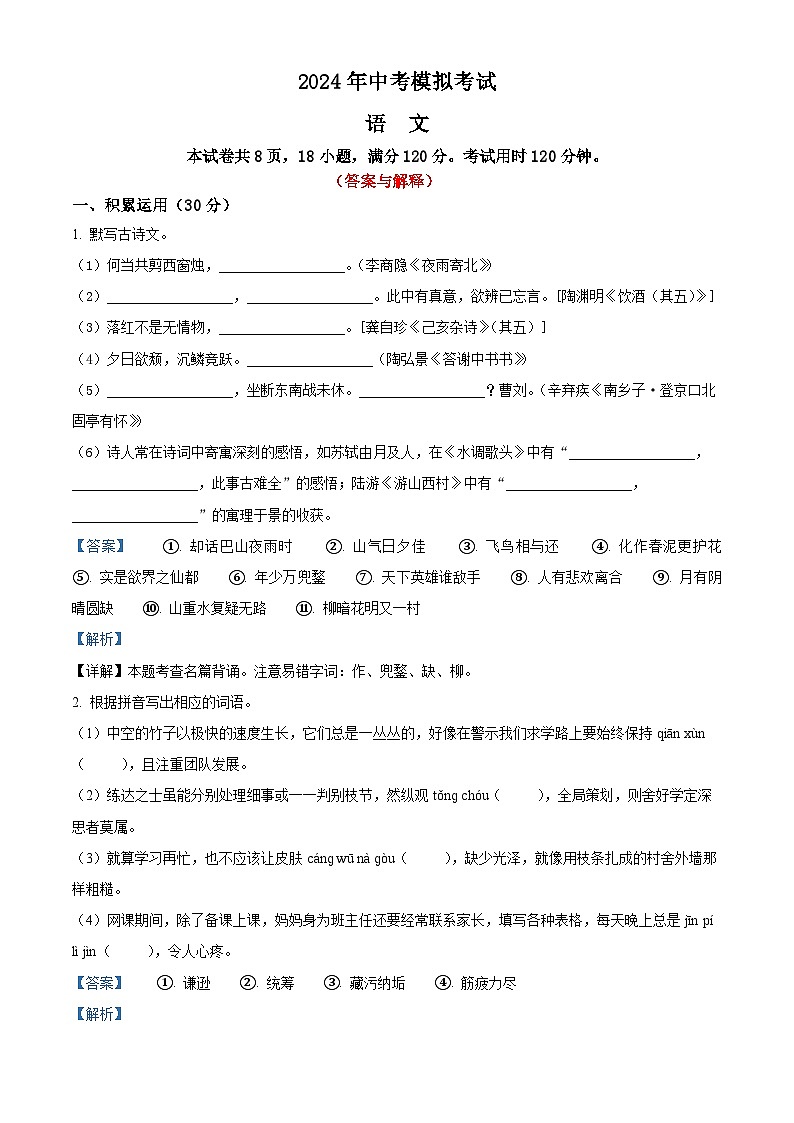 26、2024年中考模拟语文试题（答案与解析版）01