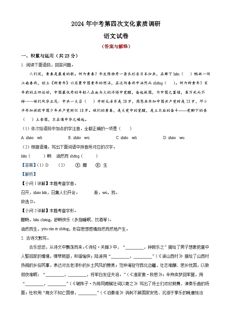 28、2024年中考模拟语文试题（答案与解析版）01