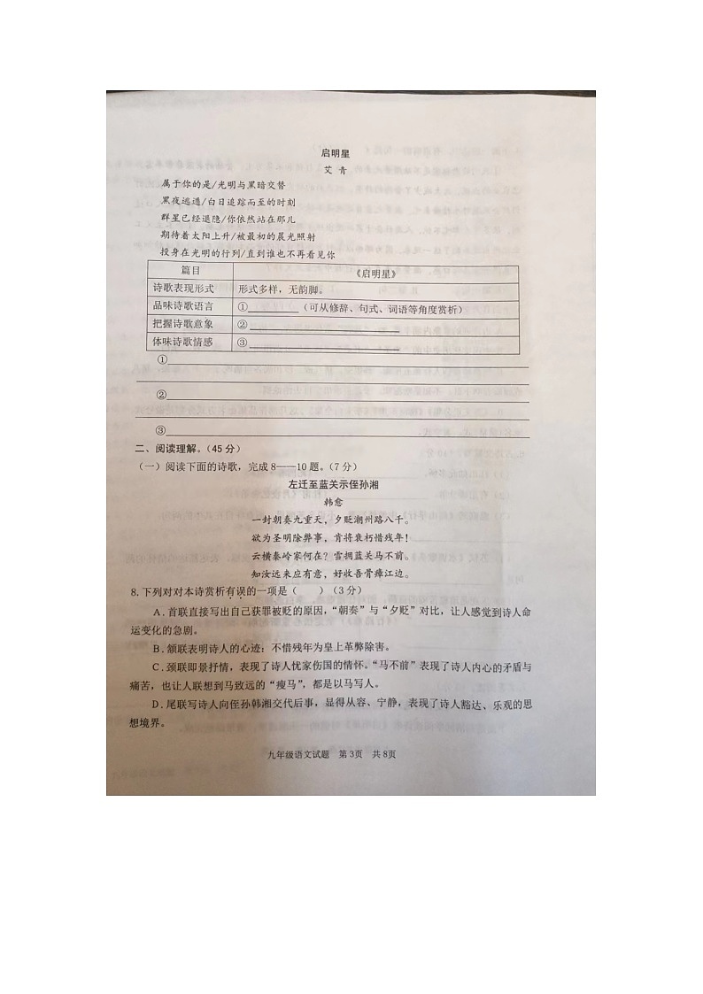 山东省枣庄市薛城区2023-2024学年九年级上学期期中考试语文试题第3页