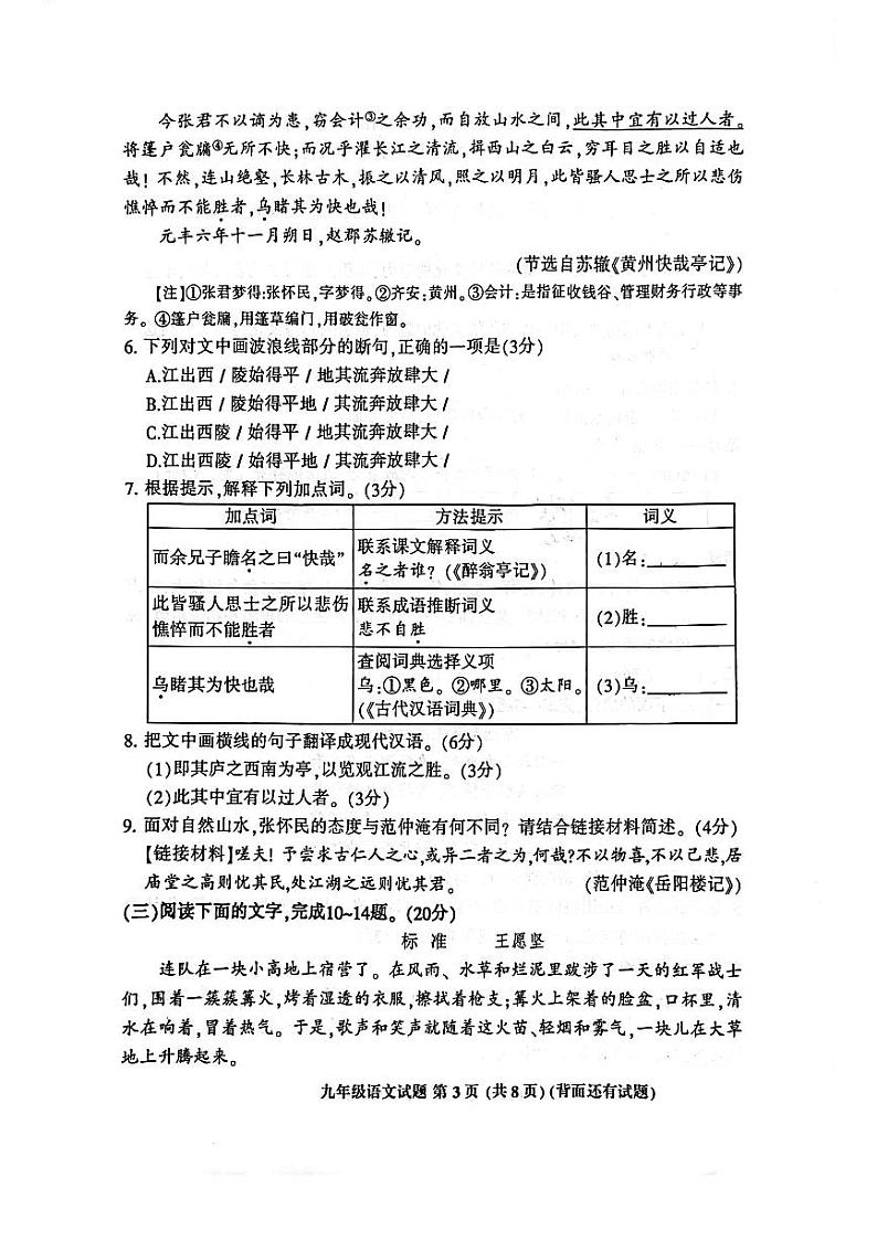 福建省三明市三元区2023-2024学年九年级上学期期中质量检测语文试卷03