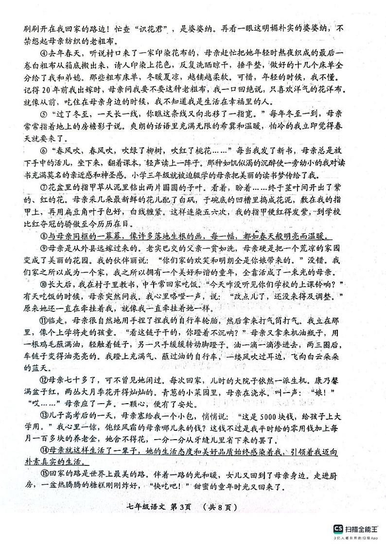河南省漯河市郾城区2023-2024学年七年级上学期11月期中考试语文试题第3页