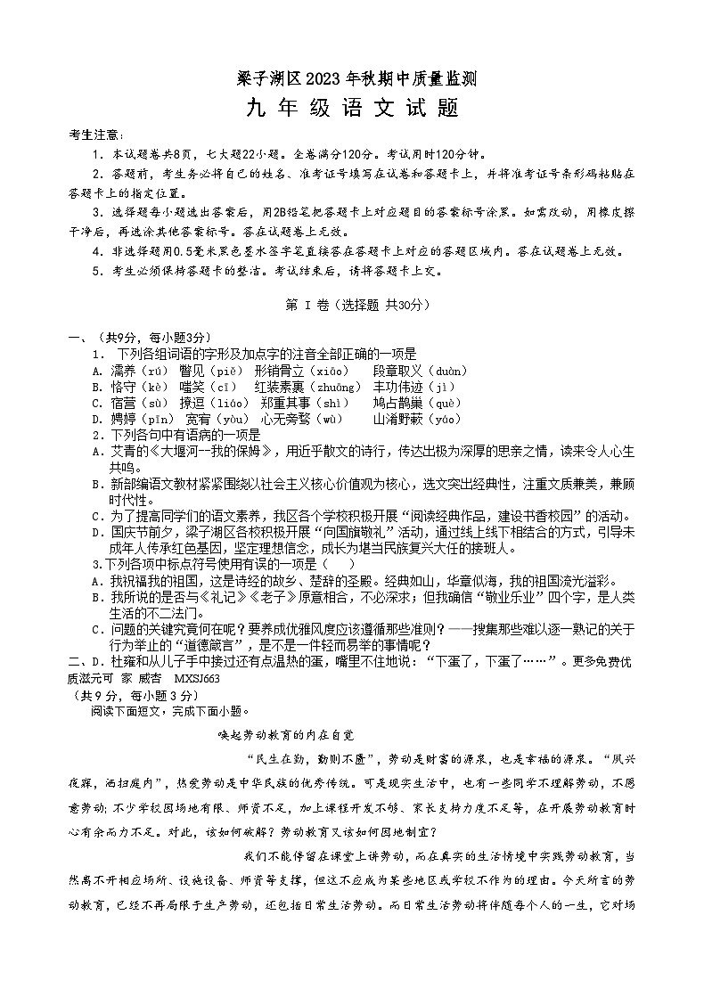 湖北省鄂州市梁子湖区2023-2024学年九年级上学期期中考试语文试题第1页