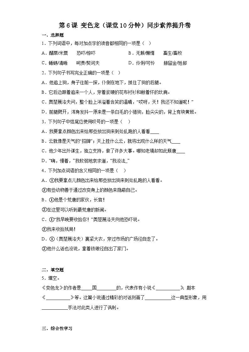 第6课 变色龙（课堂10分钟）素养提升卷（含答案解析）01