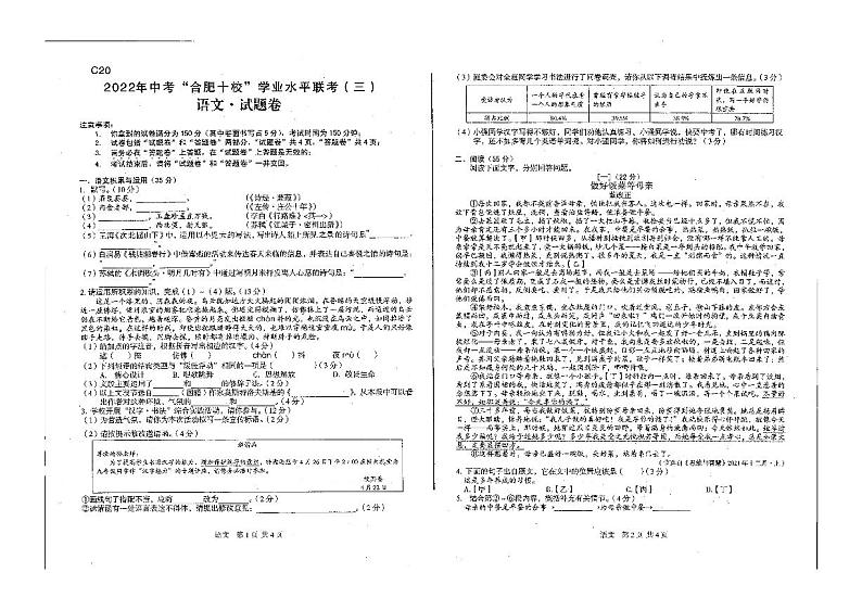 安徽省合肥市合肥十校2021-2022学年下学期九年级学业水平（三）语文试卷（图片版无答案）01