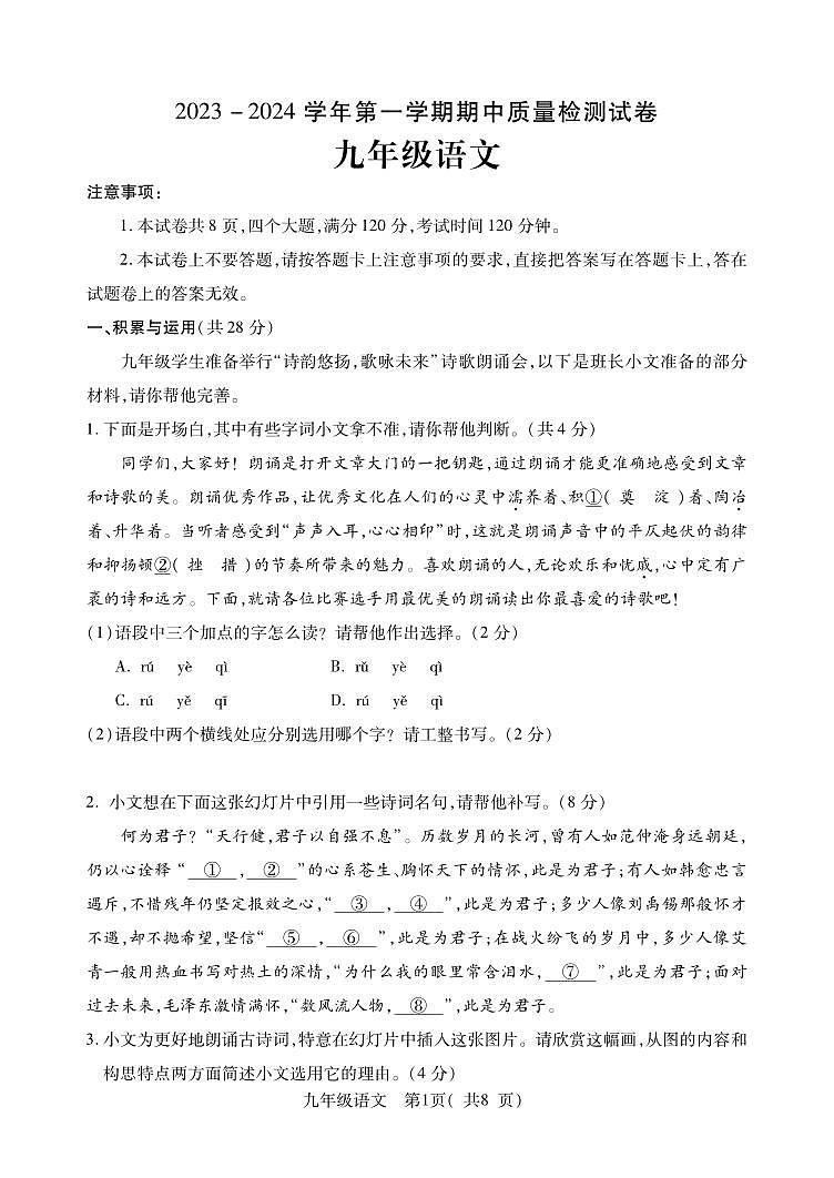 河南省平顶山市叶县2023-2024学年九年级上学期期中考试语文试题（含答案）01