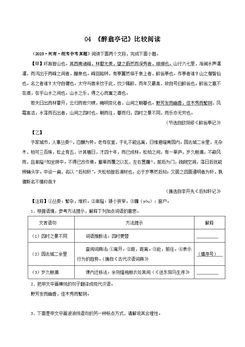 04《醉翁亭记》比较阅读－2023-2024学年九年级语文上册知识（考点）梳理与能力训练第1页