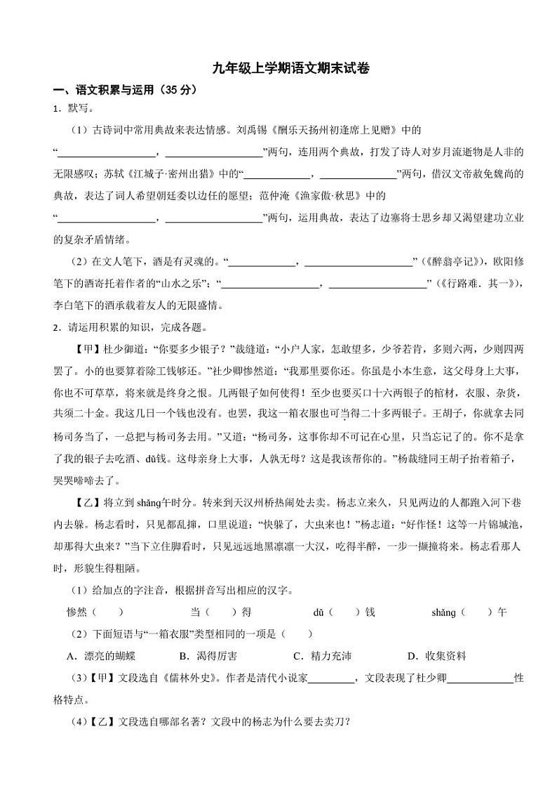 安徽省阜阳市九年级上学期语文期末试卷附参考答案01