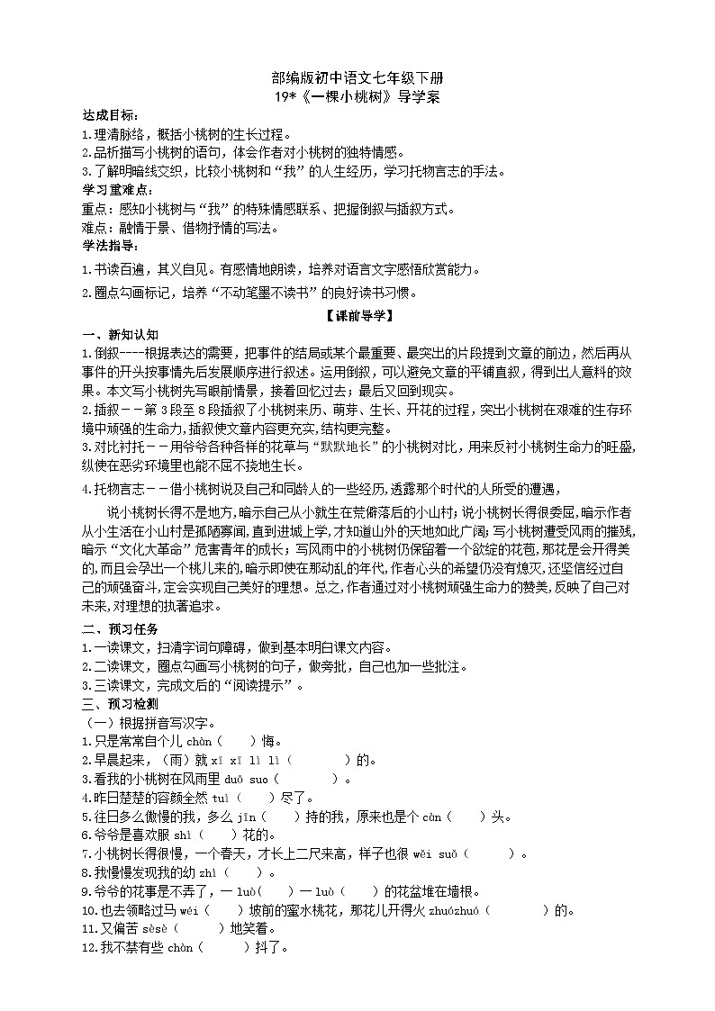 19【核心素养】部编版初中语文七年级下册 19《 一棵小桃树》课件+教案+导学案（师生版）+同步测试（含答案）01