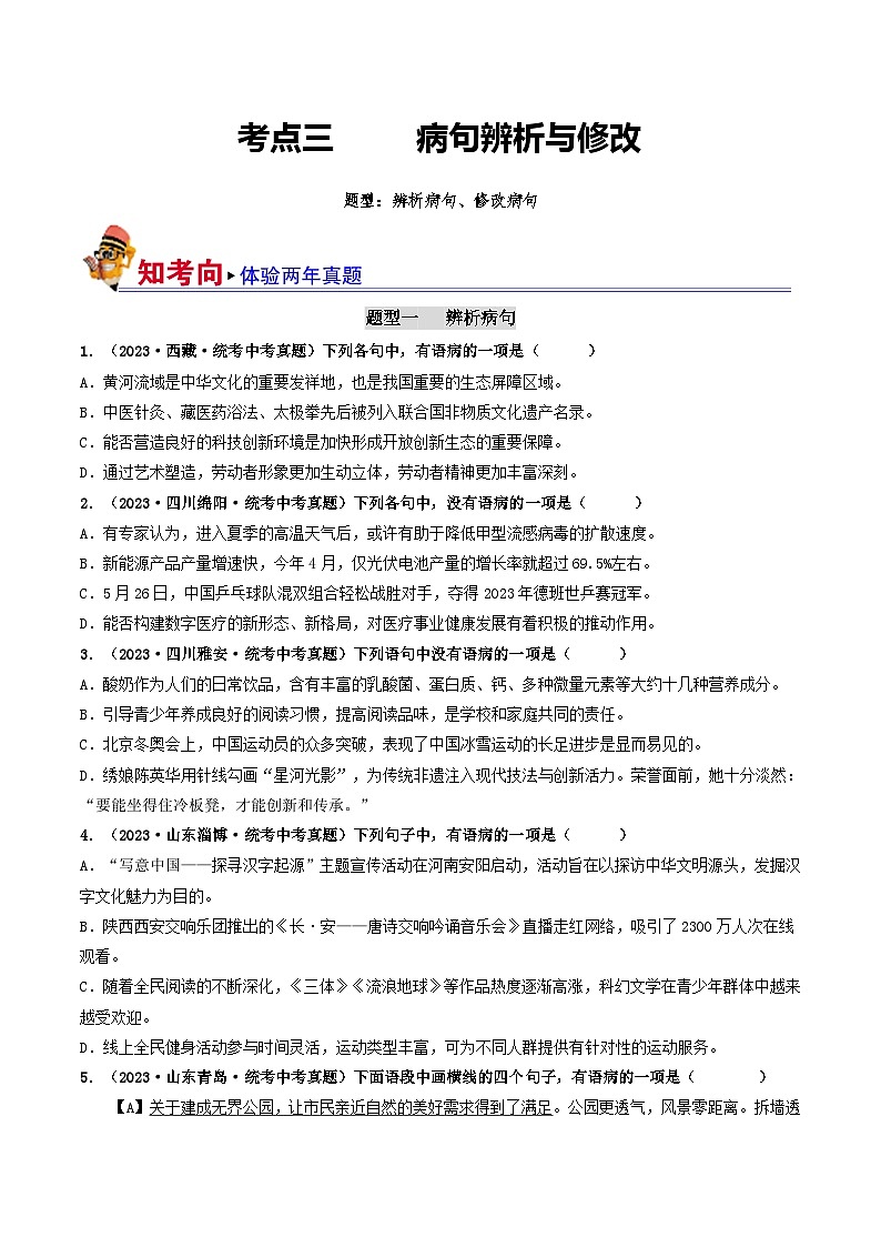 考点三 病句的辨析与修改（好题冲关）-备战2024年中考语文一轮复习考点帮（统编版全国通用）（原卷版）第1页