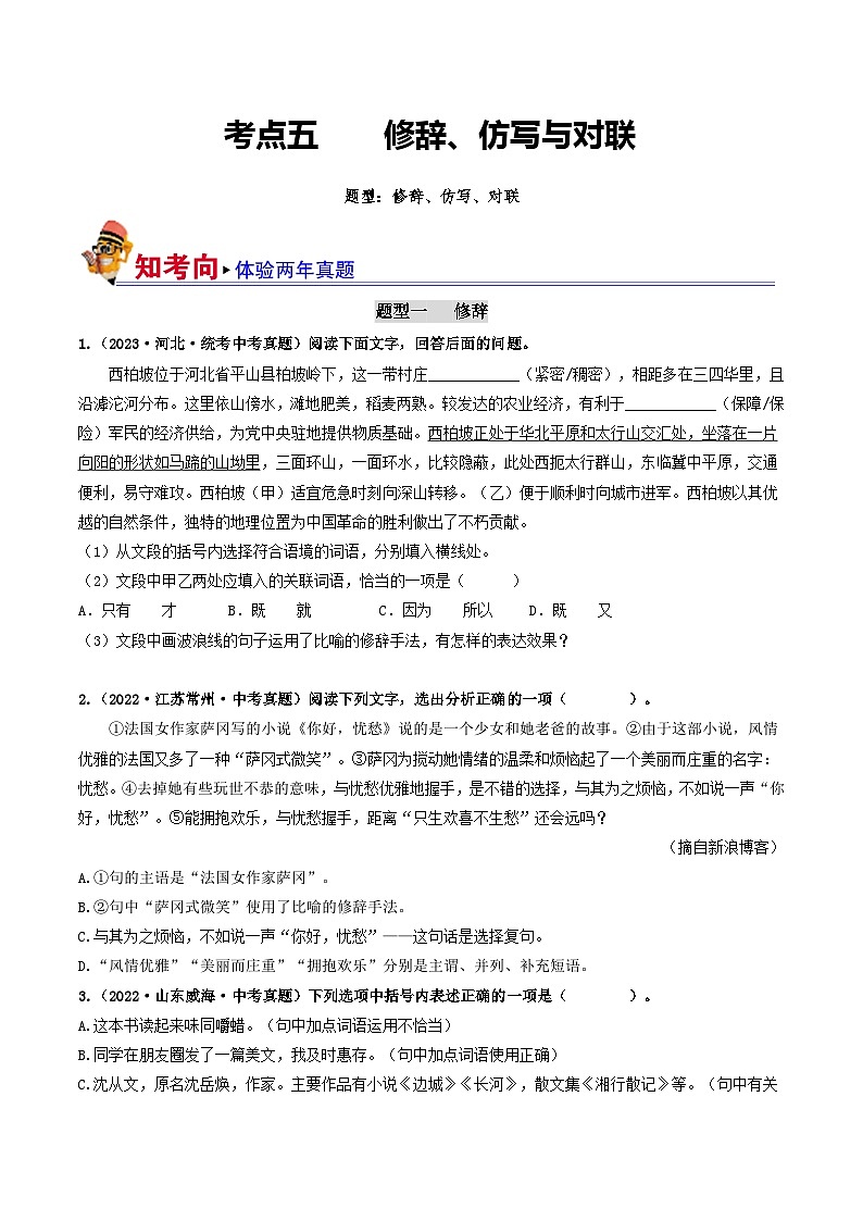 考点五 修辞、仿写与对联（好题冲刺闯关）-备战2024年中考语文一轮复习（全国通用）01