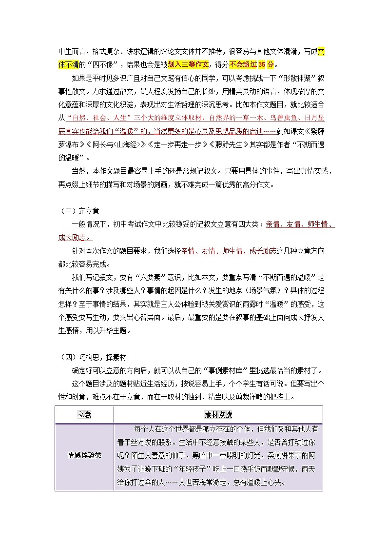 第2讲  作文写作详解1 《不期而遇的温暖》-2023-2024学年八年级语文上册专题复习讲义（统编版）02