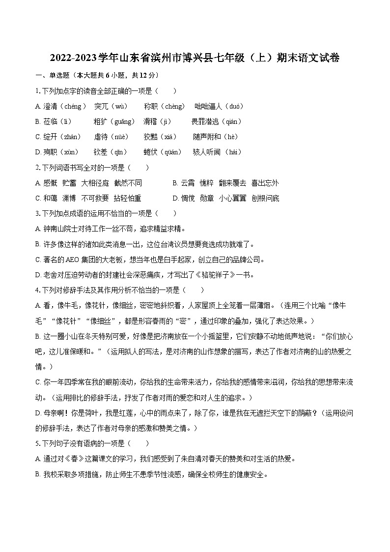 2022-2023学年山东省滨州市博兴县七年级（上）期末语文试卷（含答案解析）01