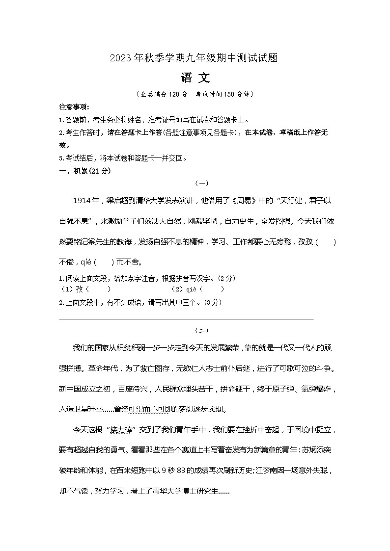 广西来宾市兴宾区2023—2024学年九年级上学期期中考试语文试题第1页