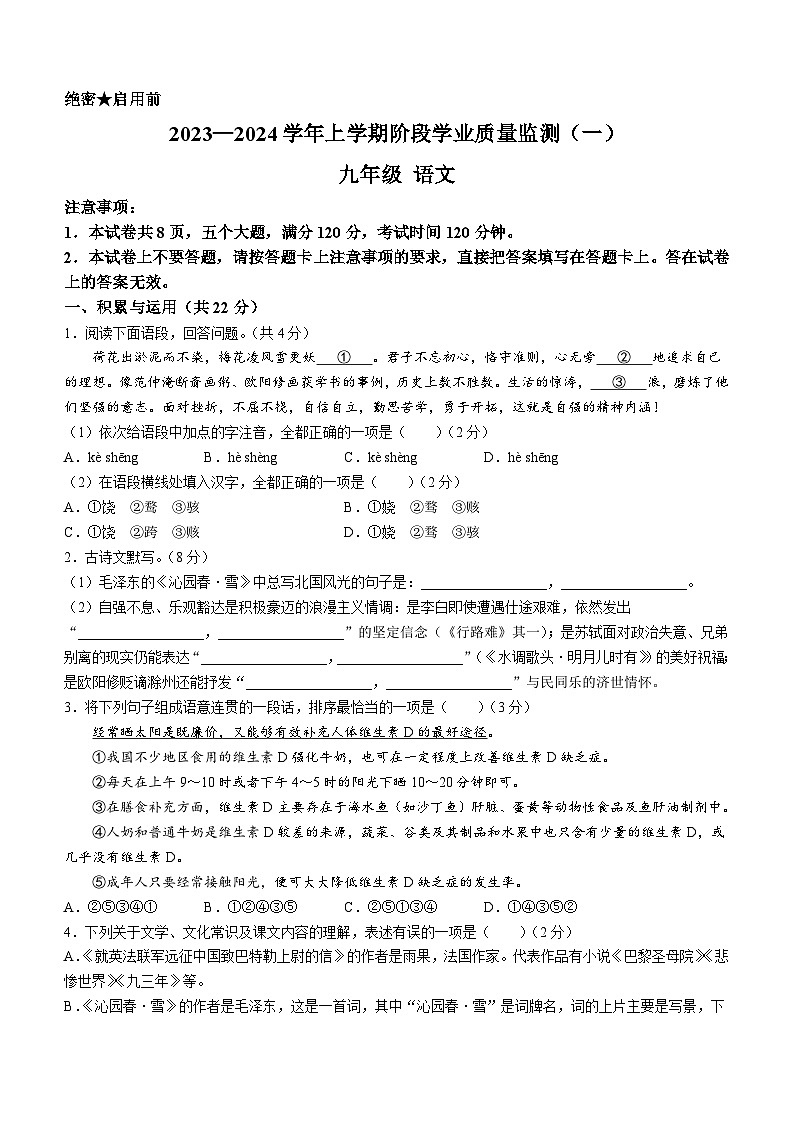 河南省洛阳市宜阳县2023-2024学年九年级上学期第一次月考语文试题第1页