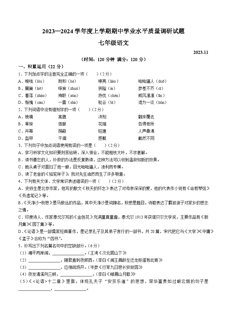 山东省临沂市罗庄区2023-2024学年七年级上学期期中考试语文试题01