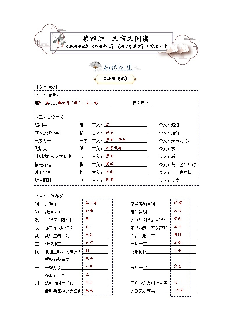 第4讲 文言文《岳阳楼记》《醉翁亭记》《湖心亭看雪》 与对比阅读-2023-2024学年九年级语文上学期专题复习讲义（统编版）01