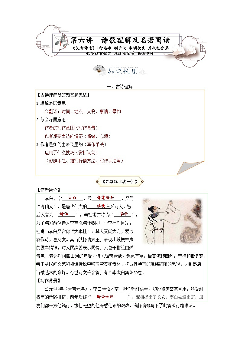 第6讲  课内诗歌及名著1（上）艾青诗选+行路难 酬乐天 水调歌头 月夜忆舍弟 长沙过贾谊宅 左迁至蓝关 商山早行-2023-2024学年九年级语文上学期专题复习讲义（统编版）01