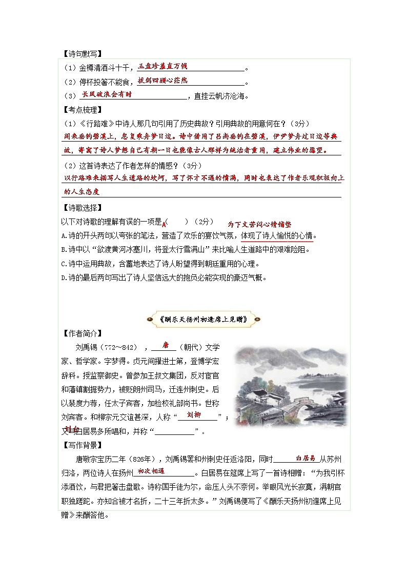 第6讲  课内诗歌及名著1（上）艾青诗选+行路难 酬乐天 水调歌头 月夜忆舍弟 长沙过贾谊宅 左迁至蓝关 商山早行-2023-2024学年九年级语文上学期专题复习讲义（统编版）02