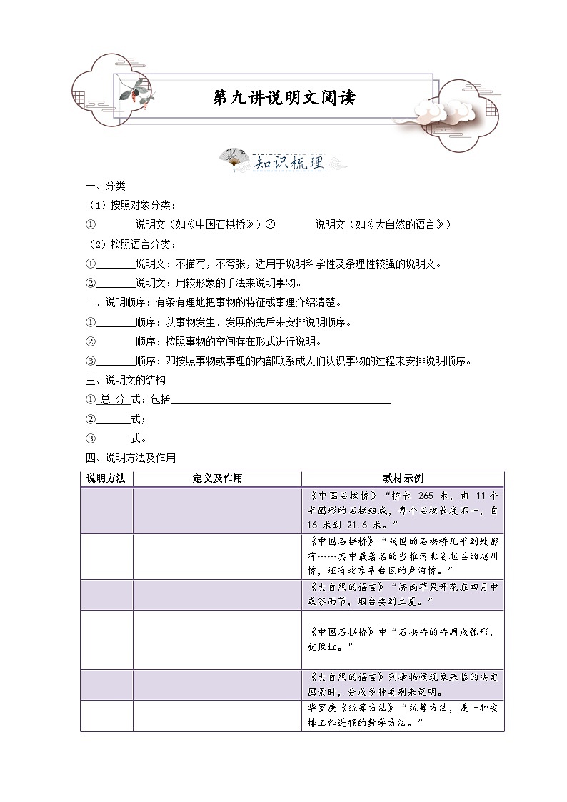 第9讲 说明文-2023-2024学年九年级语文上学期专题复习讲义（统编版）01