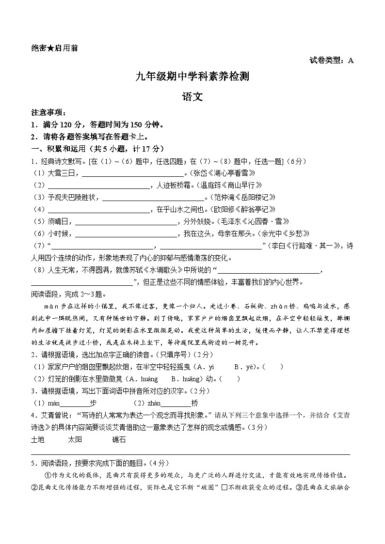 陕西省安康市岚皋县2023-2024学年九年级上学期期中考试语文试题第1页