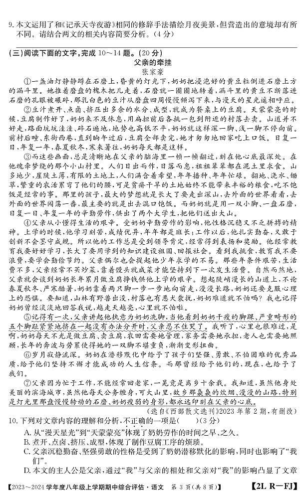 福建省南平市建阳区2023-2024学年八年级上学期期中综合评估语文试题第3页