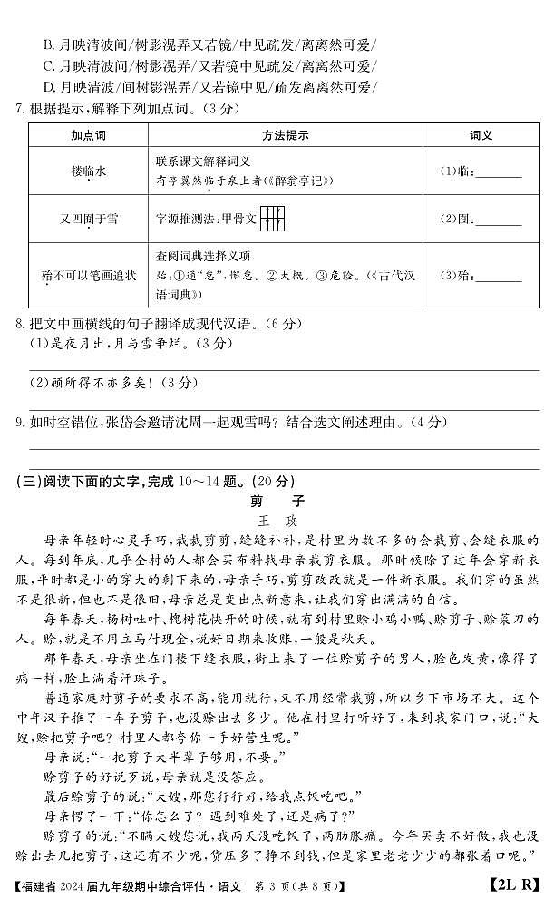 福建省南平市建阳区2023-2024学年九年级上学期期中综合评估语文试题第3页