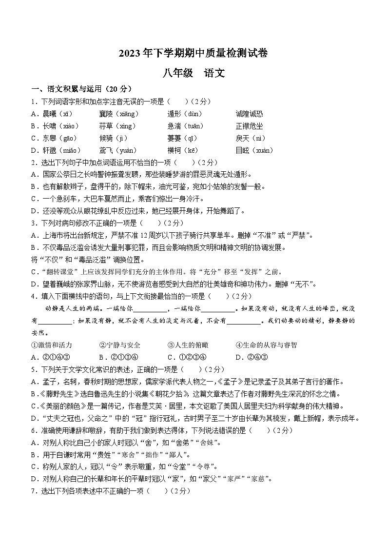 湖南省岳阳市临湘市2023-2024学年八年级上学期期中考试语文试题01