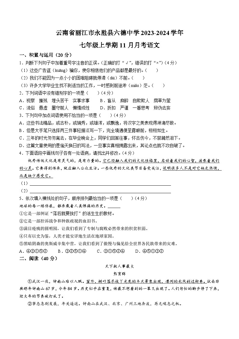 云南省丽江市永胜县六德中学2023-2024学年七年级上学期11月月考语文01
