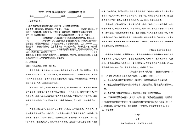山东省齐河县马集乡中学2023—2024学年九年级上学期期中考试语文试题01