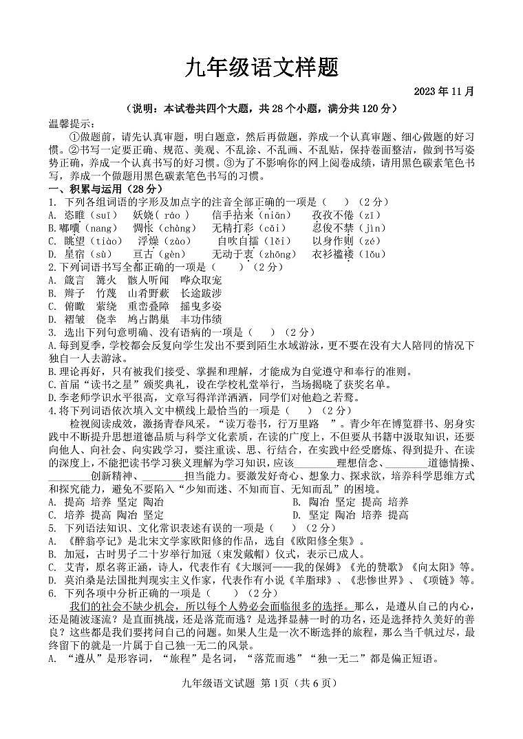 山东省菏泽市定陶区2023-2024学年九级上学期期中考试语文试题（无答案）第1页