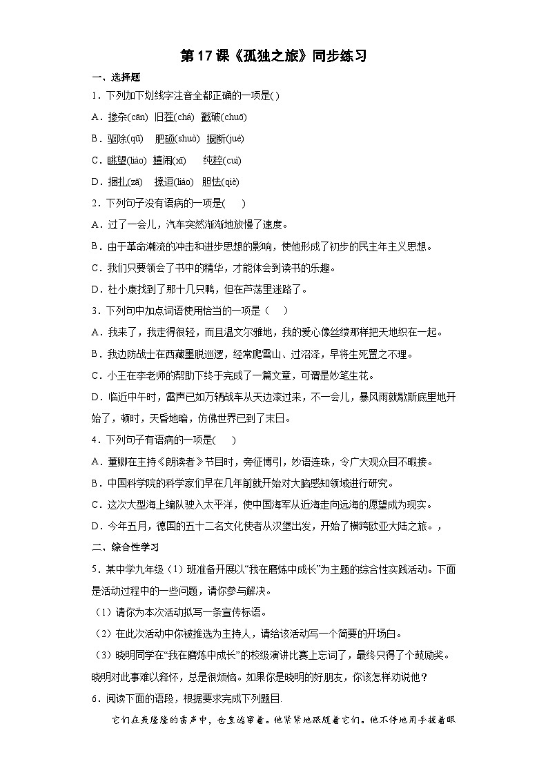 部编版语文九年级上册 第17课《孤独之旅》同步练习01
