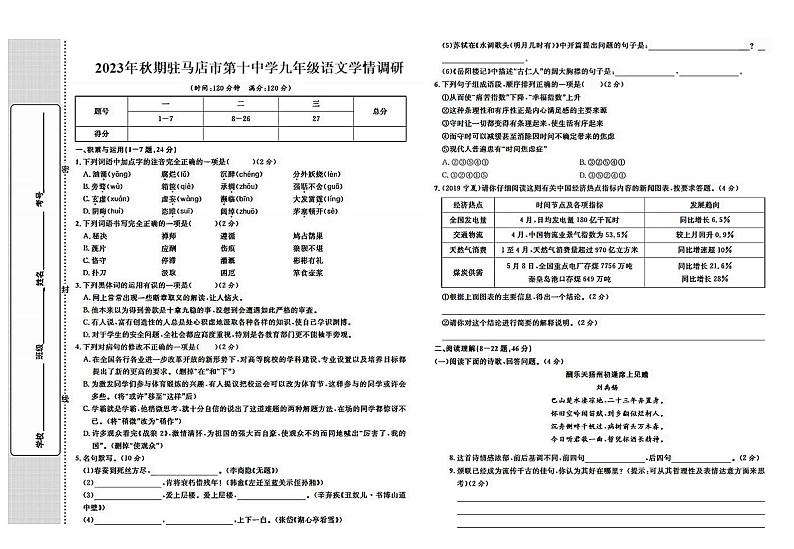 河南省驻马店市第十中学2023—2024学年九年级上学期期中学情调研语文试题01