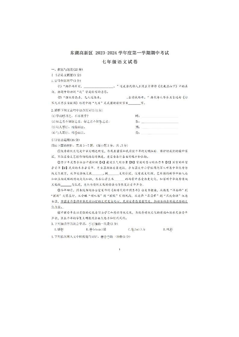 湖北省武汉市东湖高新区2023-2024学年七年级上学期期中考试语文试题第1页