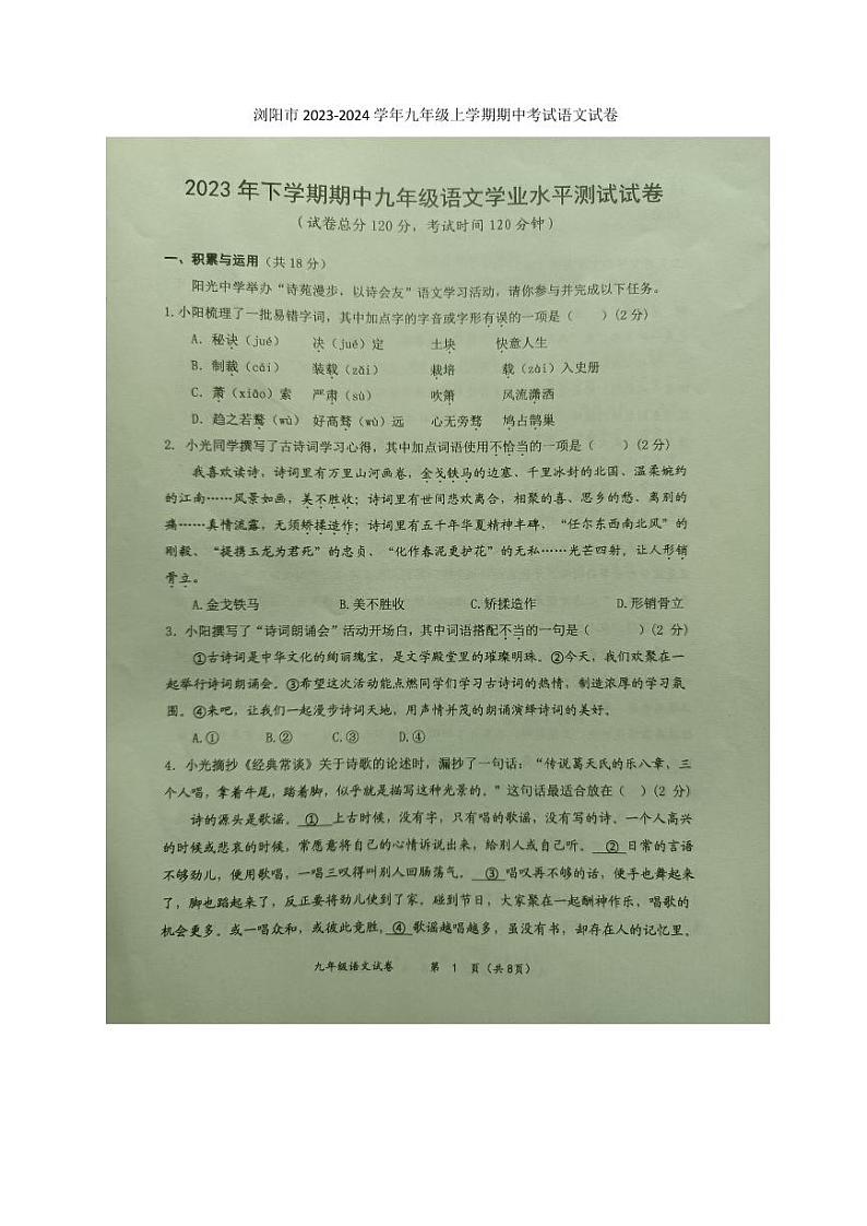 湖南省长沙市浏阳市2023-2024学年九年级上学期期中考试语文试卷01