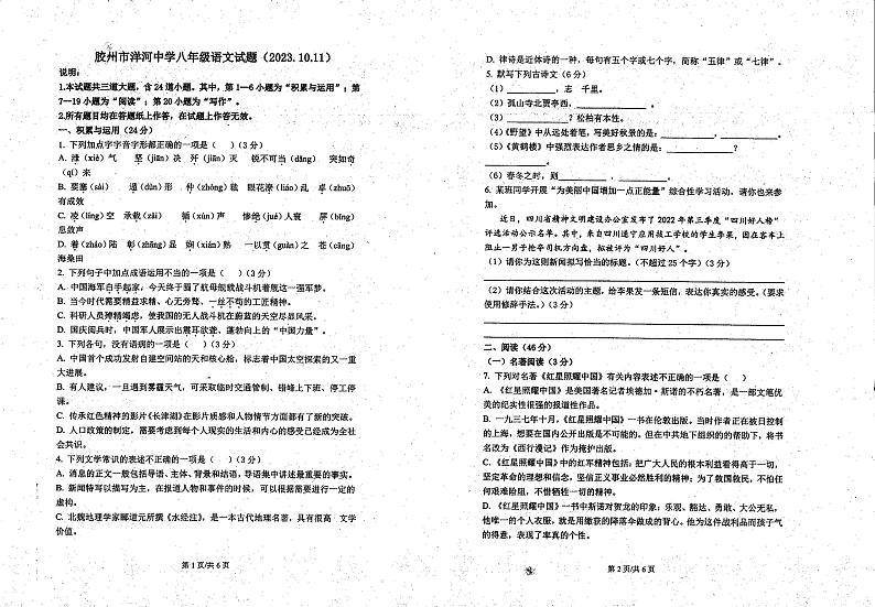 山东省青岛市胶州市洋河中学2023-2024学年八年级上学期10月月考语文试题01
