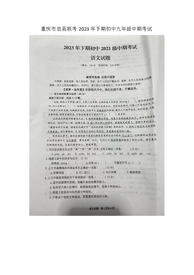 重庆市忠县2023—2024学年九年级上学期期中考试语文试题01