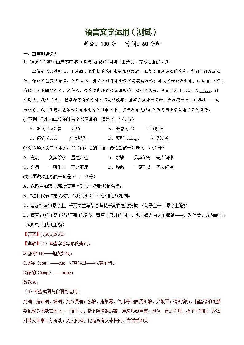 语言文字运用（测试）-2024年中考语文一轮复习讲练测（全国通用）（解析版）第1页